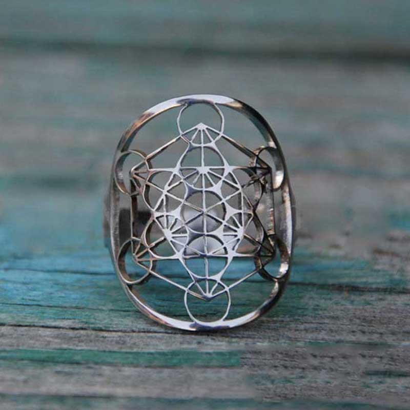Adjustable Stainless Steel Ring Sacred Geometry Hollow Cube