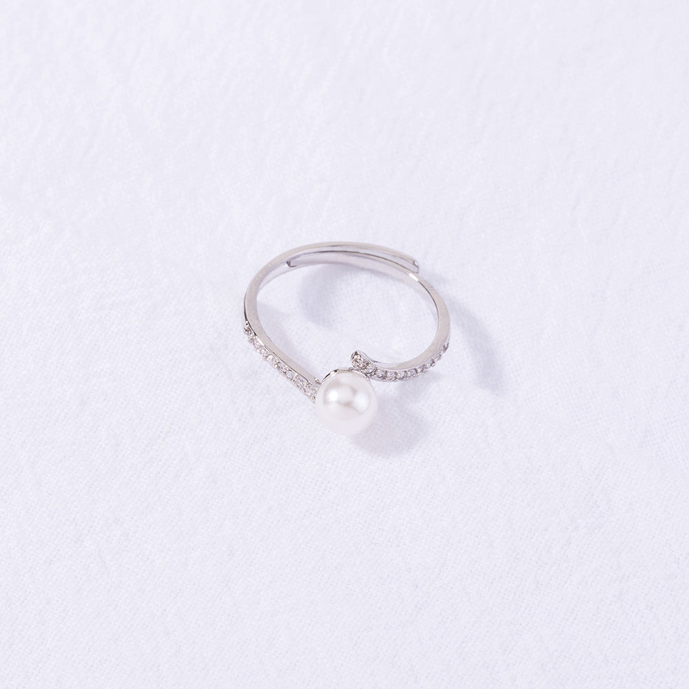 Adjustable Open Ring With Pearl And Zircon Copper Electroplated Jewelry For Women Elegant European Modern Style