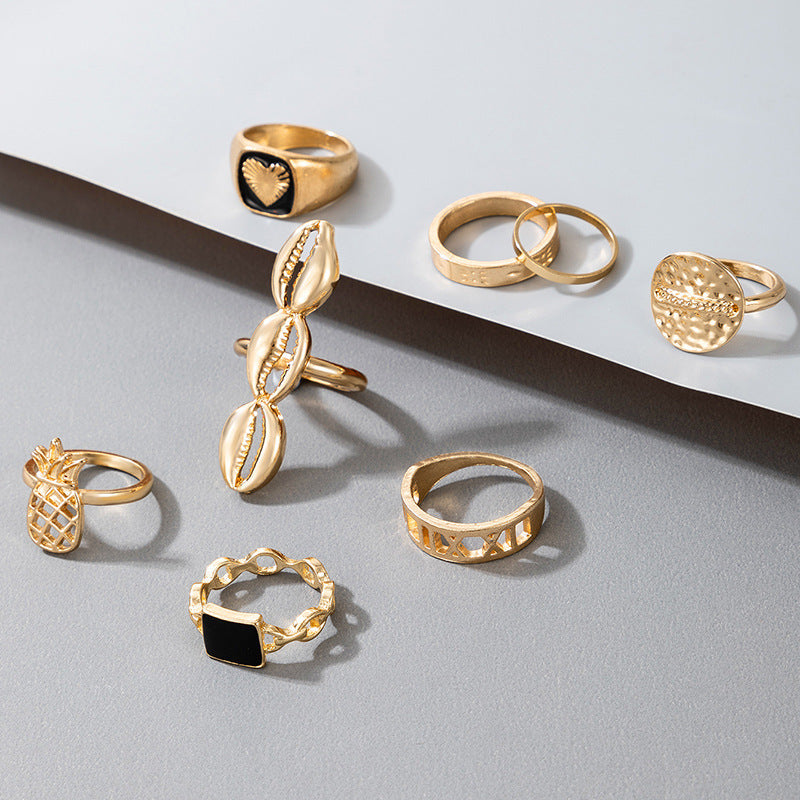 Womens Fashion Rings Set of 8 Alloy Black Heart Pineapple Shell Geometric European American Rings Rings Set of