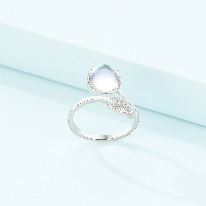 Adjustable Moonstone Ring With Feathered Design Korean Geometric Alloy Electroplated Ring Fashionable Statement