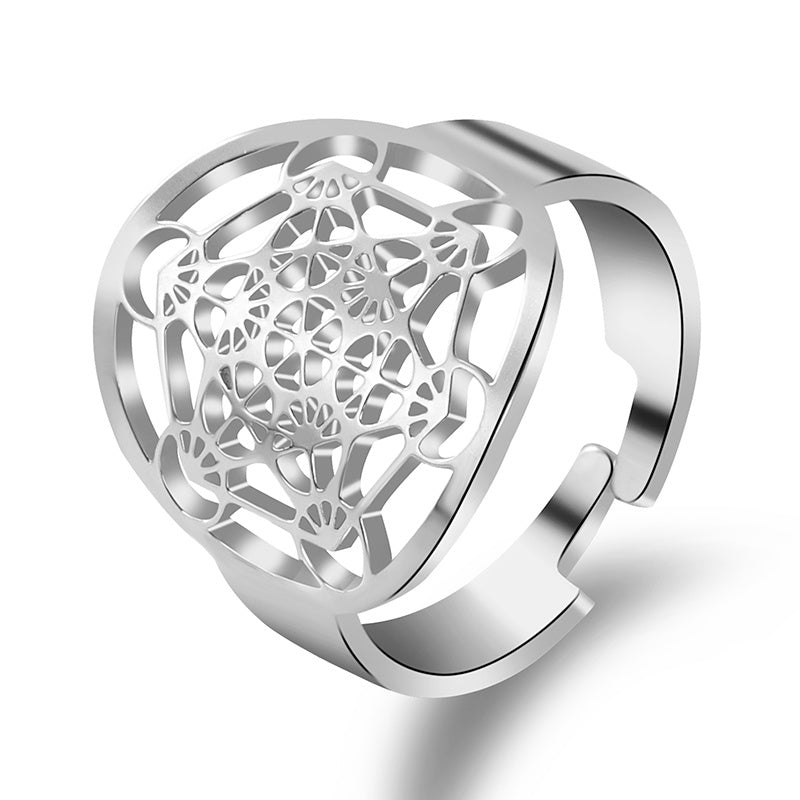 Womens Stainless Steel Flower Ring Adjustable Open Ring Polished Gold Black Jewelry Elegant Jewelry For Womens