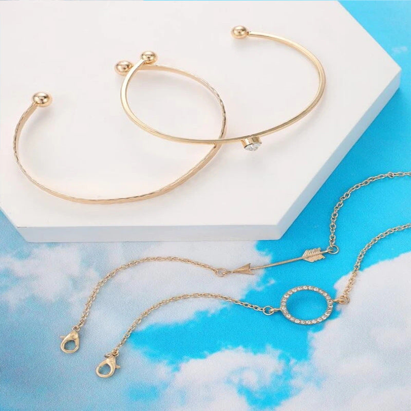 Womens Rhinestone Round Arrow Decorative Alloy Bracelet Set 4 European Electroplated Jewelry Collection Sets 4