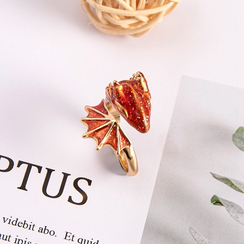 Boho Dragon Wing Adjustable Ring Zinc Alloy Enamel Glitter Statement Jewelry Blue Green Pink Red Women Sparkle