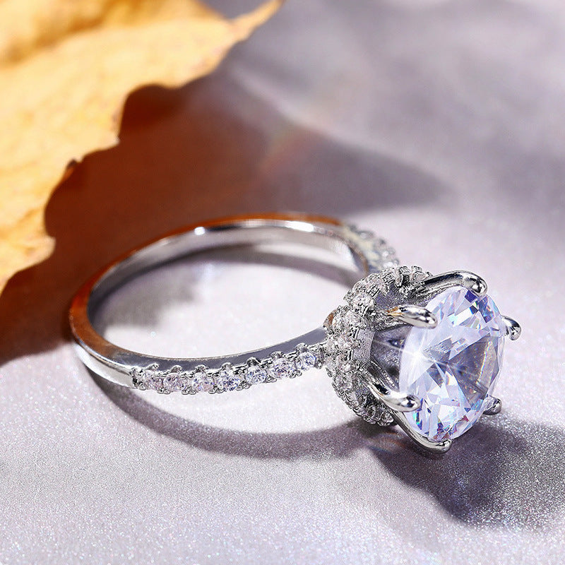 Womens Zircon Six Claw Inlaid Ring Gold Plated Copper Wedding Jewelry For Her Elegant Gift For Occasions Classic