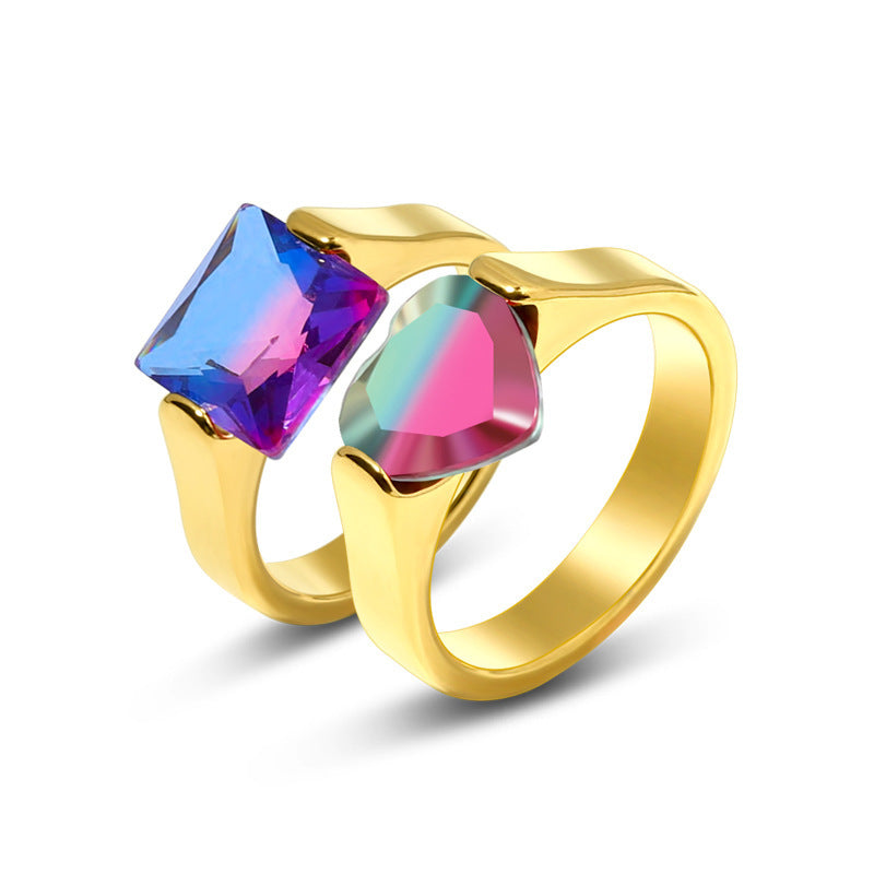 Womens Stainless Steel Ring With Tourmaline Inlay And Golden Gemstone Accent Fashion Jewelry Elegant Band Ring