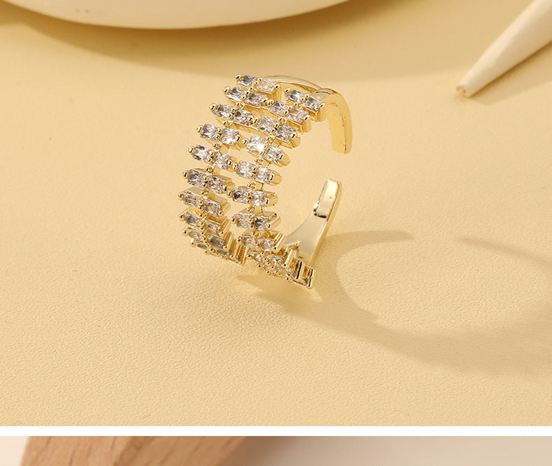 Adjustable Copper Zircon Ring For Women Gold Tone Line Geometry Ins Style Elegant Jewelry For Daily Wear Needs