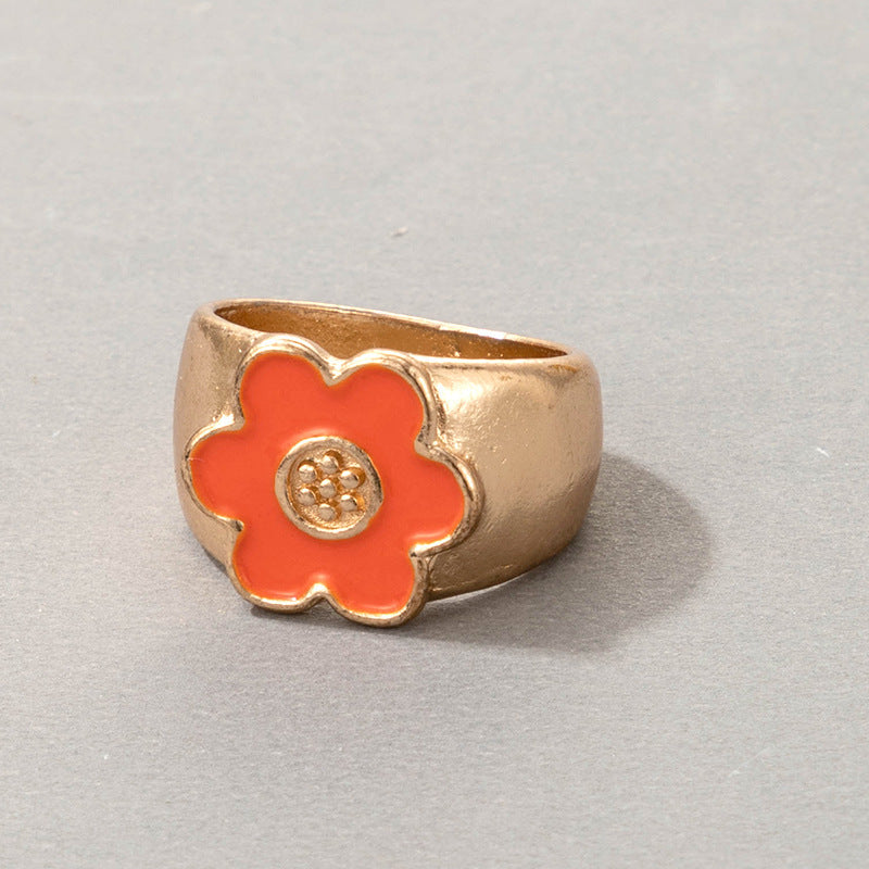 Bohemian Cartoon Ring Dripping Oil Alloy Heart Shaped Ring With Floral Daisy Or And Rainbow Elements For Women