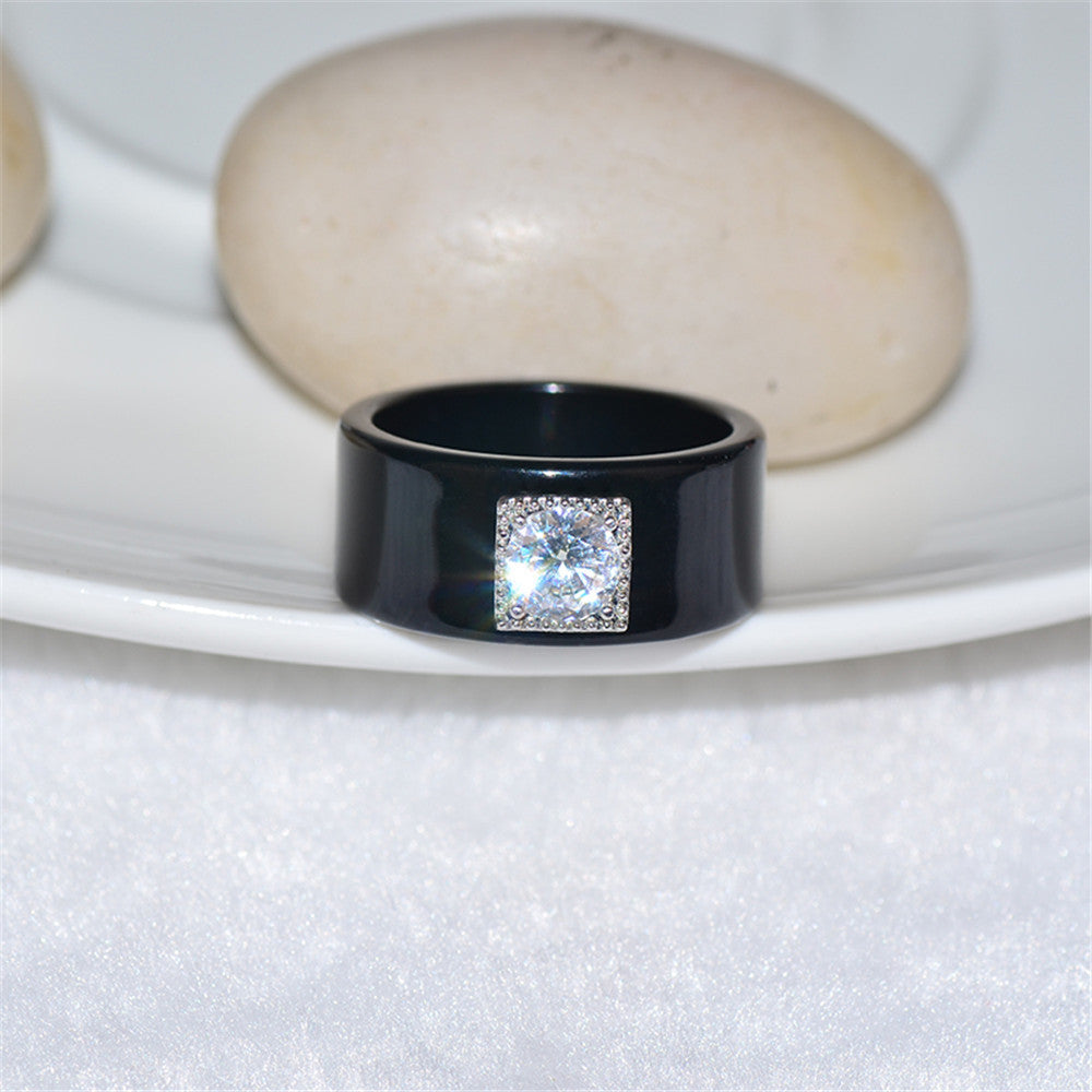 Couple Rings Geometric Alloy Ring Set With Inlaid Zircon Stones Chamfered Square Pattern Elegant Matching Bands Black