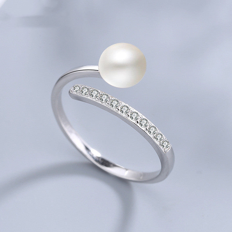 Womens 925 Silver Ring Adjustable White Gold Plated Inlaid Ornaments Pearl Zircon Round Pearl Design Ring Gold