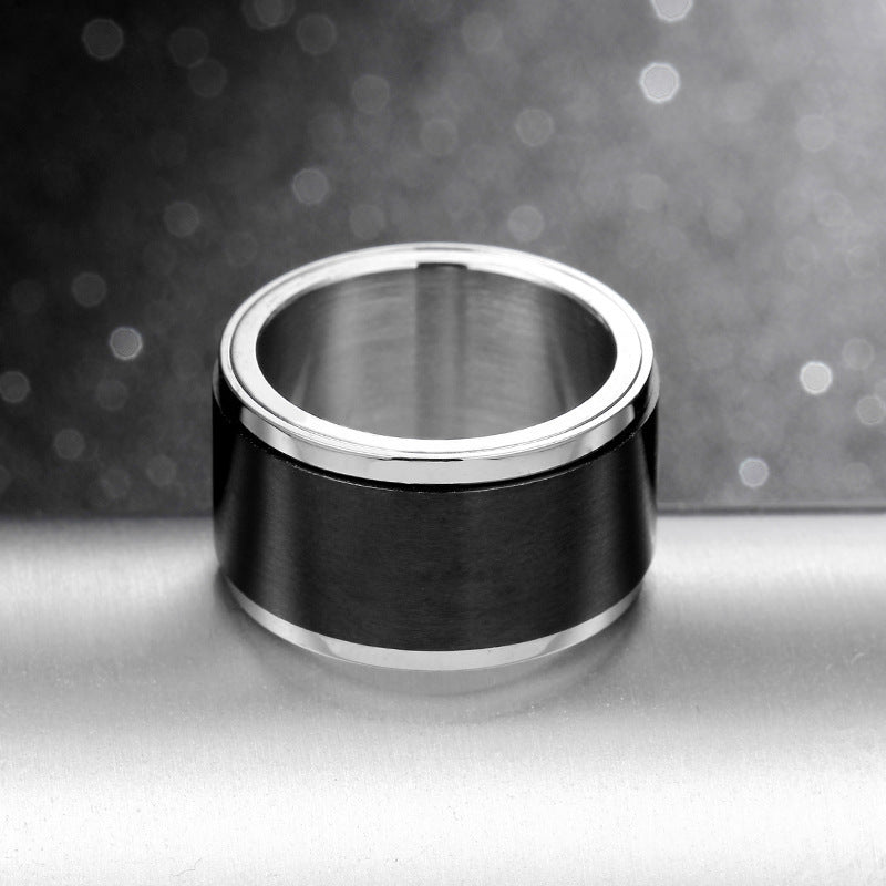 Mens 12mm Ultra Wide Rotating Inner Ball Outer Flat 316L Stainless Steel Black Ring Wedding Gift Durable Today