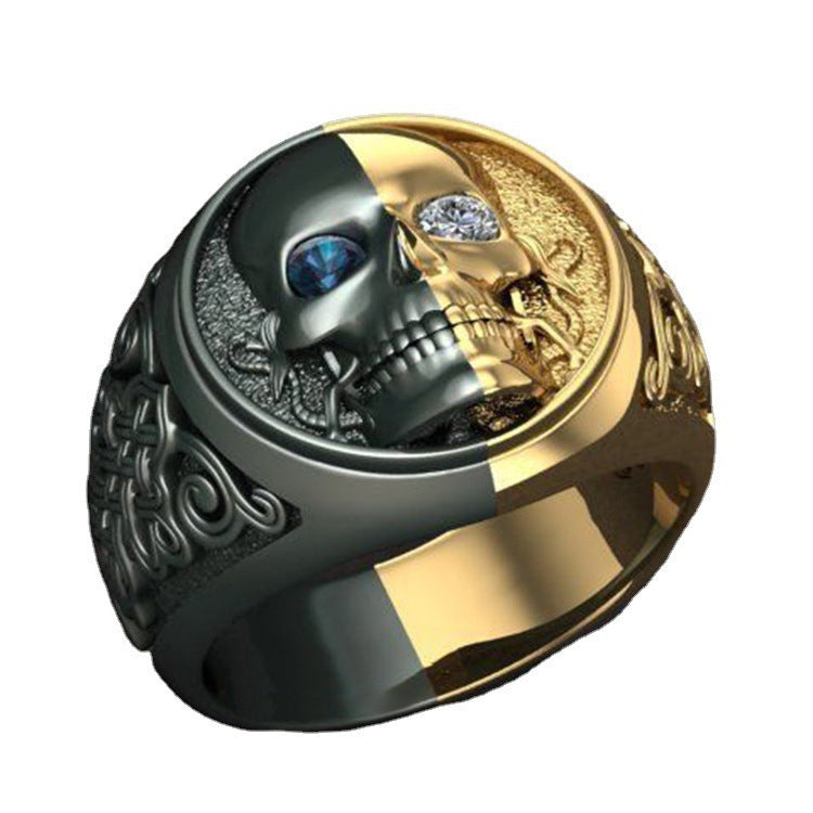 Mens Skull Ring Blue White Diamond Two Tone Alloy Electroplated Fashion Jewelry Statement Piece Durable Design