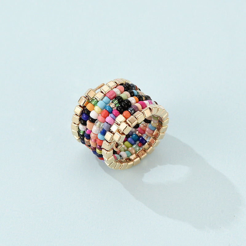 Womens Layered Ring With Colorful Rice Beaded Geometric Plastic Resin Durable Fashion Finger Jewelry Accessory