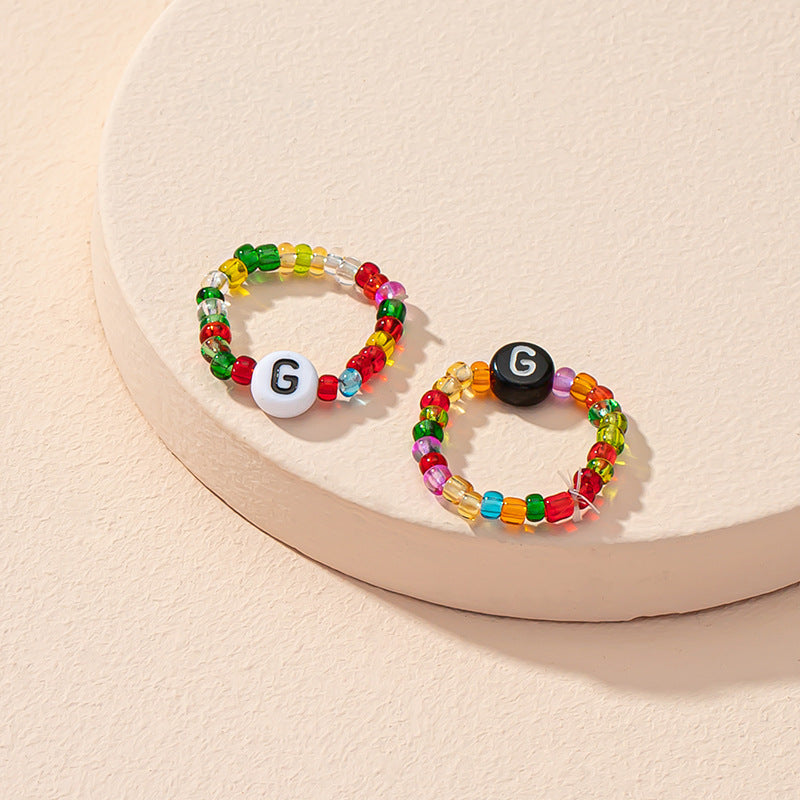 Beaded Letter Initial Ring For Ladies And Men Resin Alphabet Trendy Korean Geometric Ethnic Retro Jewelry Gift