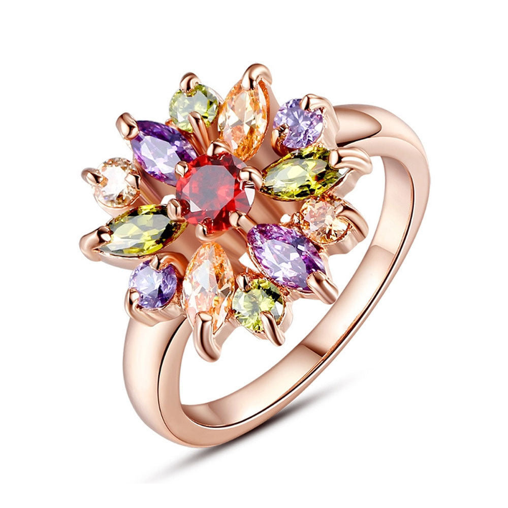 Womens Zircon Ring Colorful Austrian Crystal Dazzling Electroplated Alloy Rose Gold Tone Elegant Party Wedding Jewelry