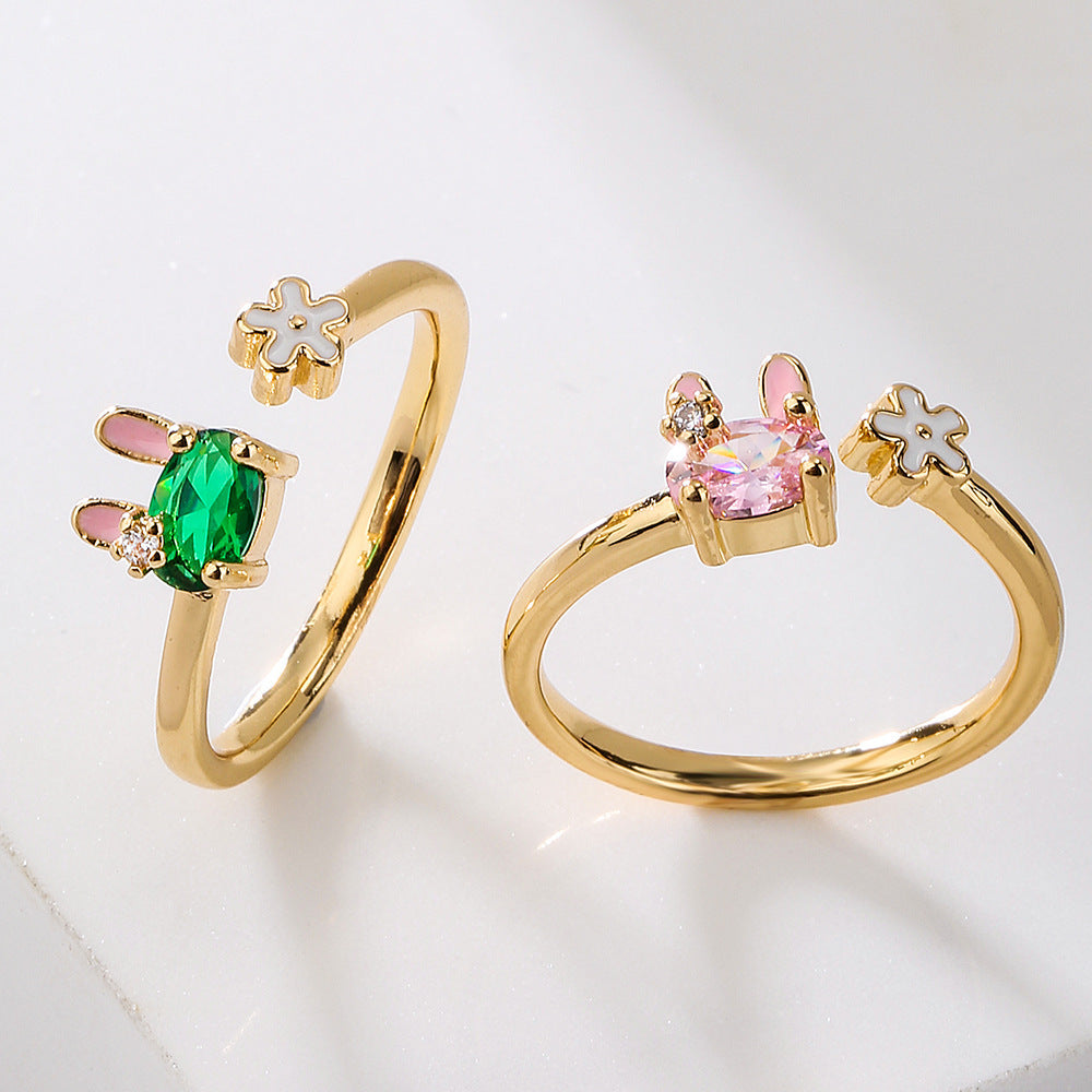 Womens Adjustable Copper Ring With 18K Gold Plating Micro Inlay Zircon Rabbit Geometric Design Jewelry Gift For Women