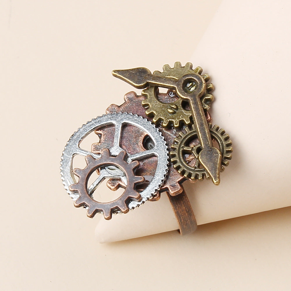 Womens Alloy Gear Ring With Retro Geometric Needle Design Electroplated Bronze Tone Inlaid Gem Vintage Elegant