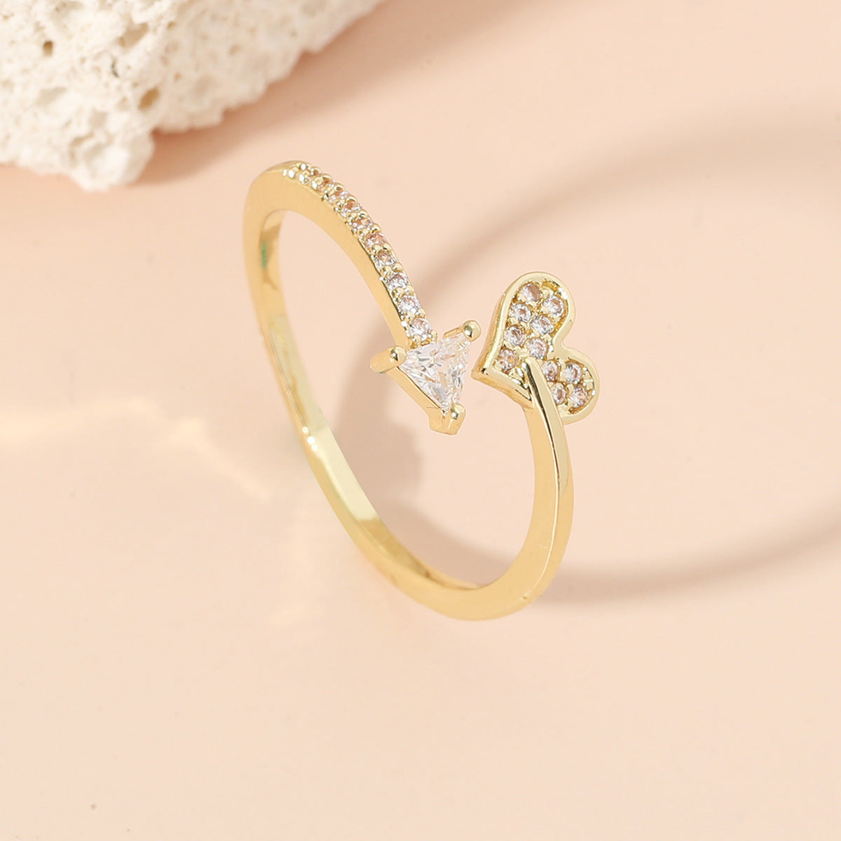 Yellow Copper Geometric Ring With White Crystal Electroplated Fashion Jewelry For Women Gift Idea Everyday Wear
