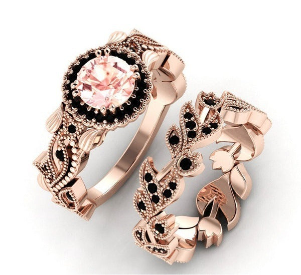 Rose Gold Ring Set With Floral Leaf Design Zodiac Animal Alloy Jewelry Electroplated Gift For Women Elegant Accessory