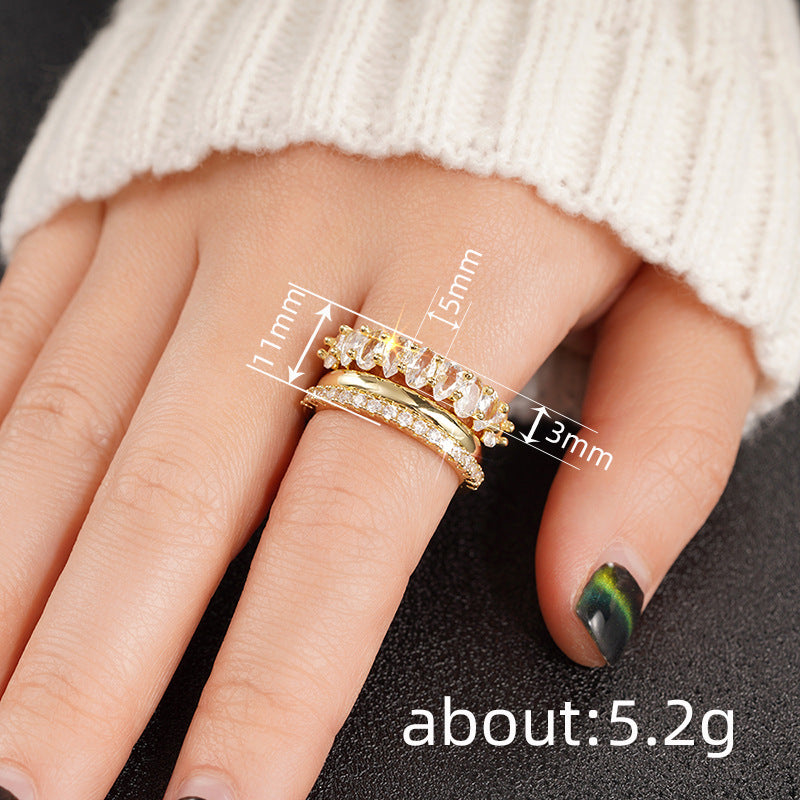 Zircon Ring Three Piece Wedding Banquet Inlaid Zircon Copper White Gold Yellow Gold For Female Size 6 7 8 9 10