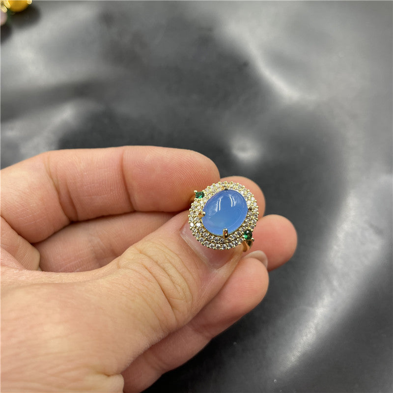 Geometric Inlaid Blue Chalcedony Agate Ring Handmade Polished Fashion Jewelry For Women Elegant Durable Timeless Gift