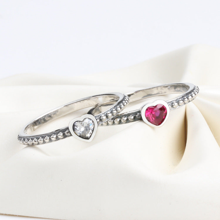 Heart Ring Silver Plated Copper White Diamond Rose Red Pink