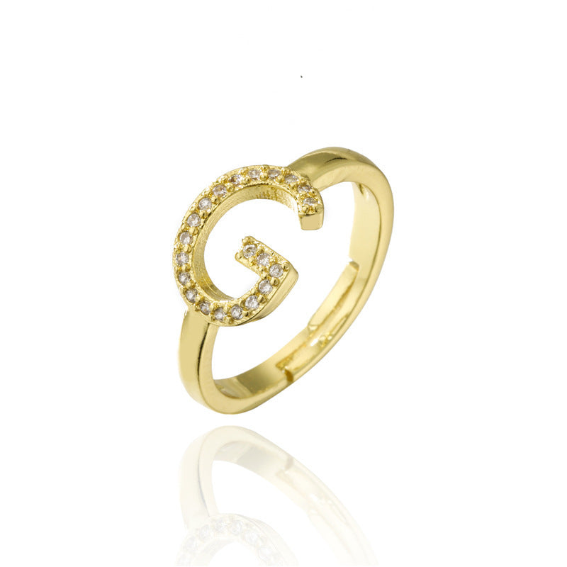 Adjustable Letter Ring Zircon Inlay Copper Jewelry