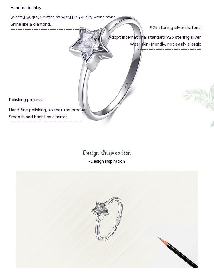Womens Sterling Silver Ring With Star Design And Zircon Inlay Engagement Ring Jewelry Gift For Her Five Point Star