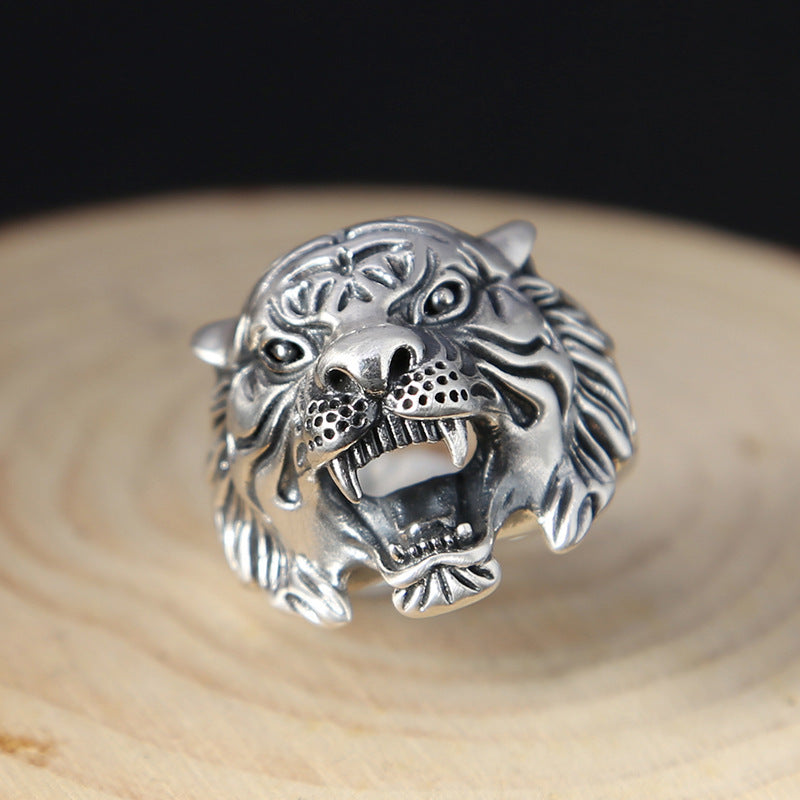 Adjustable Tiger Ring Vintage Animal Zodiac Copper Electroplated Retro Opening Ring Thai Silver Face Width24mm