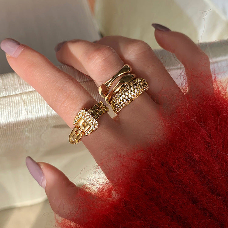 Womens Adjustable Ring 18k Gold Plated Copper Geometric Design with Alloy Inlay and Artificial Gems High Sense