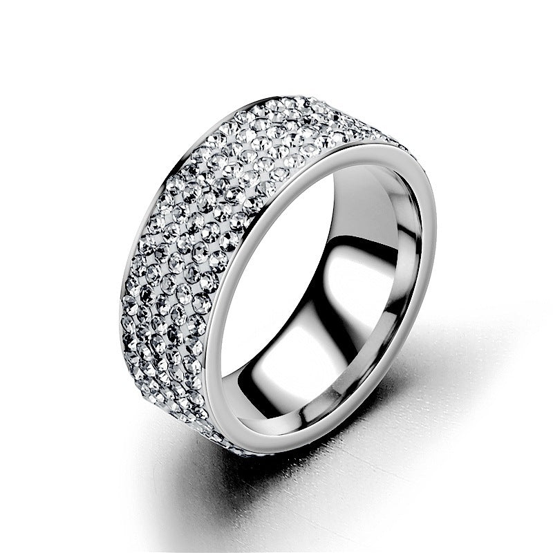 Womens Stainless Steel Ring With Five Row Diamonds Plated Geometric Design Fashion Jewelry Band For Women Chic
