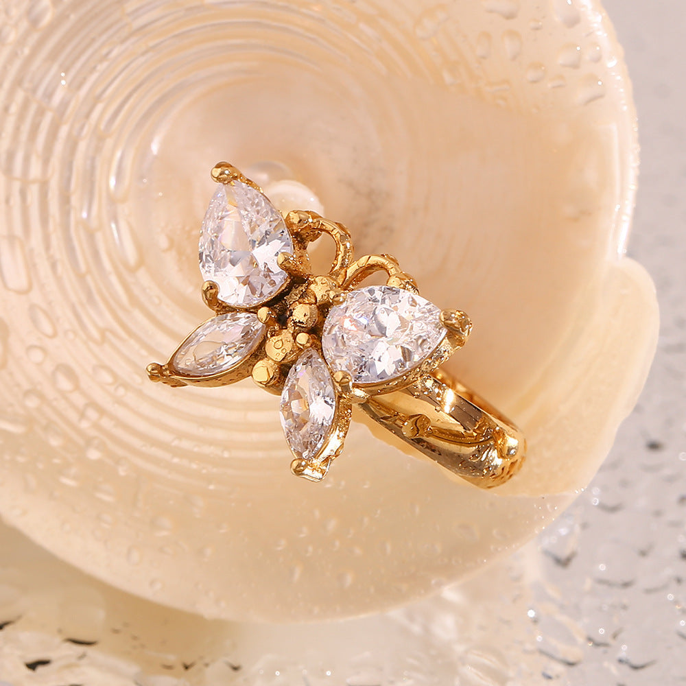 Butterfly Zircon Ring Stainless Steel 18K Gold Plated Jewelry Gift Ring For Women Elegant Daily Wear Keepsakes
