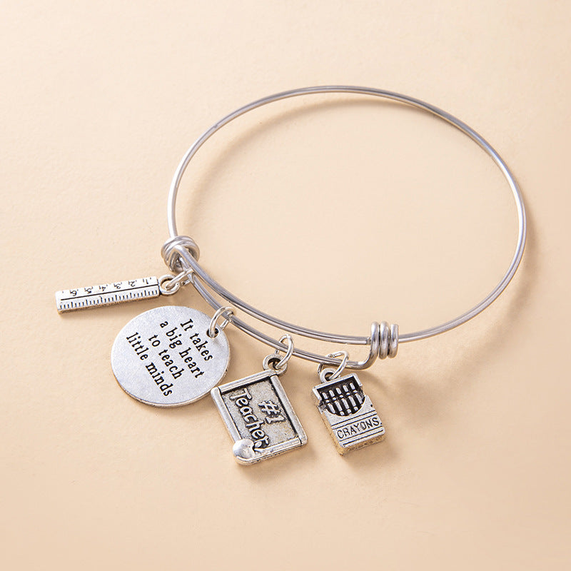 Womens Stainless Steel Bracelet Adjustable Design With English Letters Simple Decoration Silver Tone Alloy Bangle