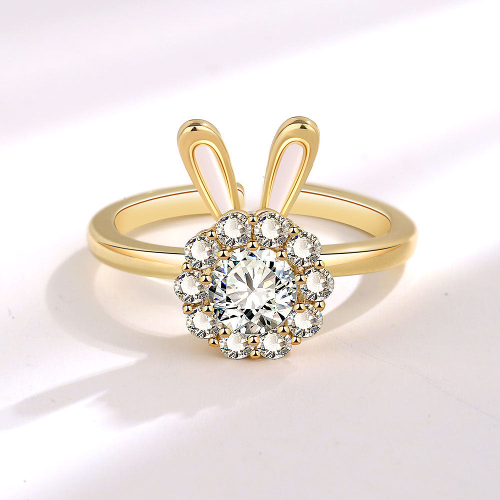 Geometric Rabbit Ring For Women Adjustable Copper Jewelry With White Gold And Yellow Gold Finish Rotatable Design