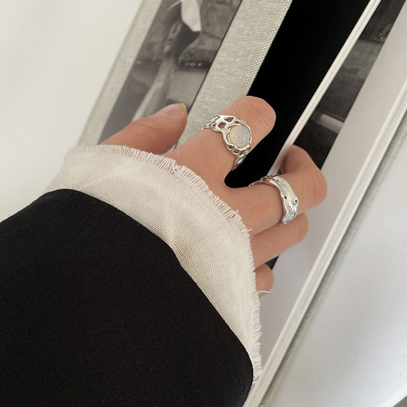 Thai Silver Plated Geometric Ring Irregular Design Fashion Jewelry Alloy Inlaid Gemstone Accent RingSet Korean