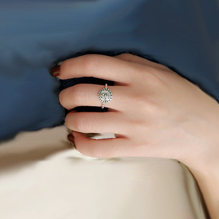 Womens Vintage Copper Ring Adjustable Open Index Finger Ring Smile Sunflower Geometric Intricate Electroplated