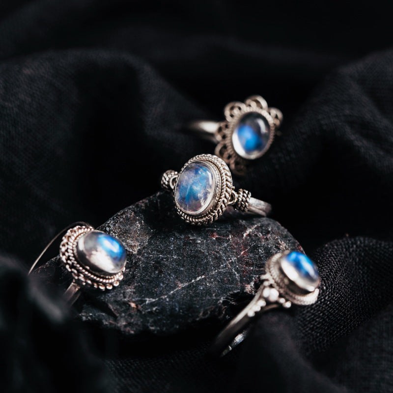 Women Moonstone Ring Inlaid Sterling Silver Copper Adjustable Dainty Jewelry Gift For Her Elegant Durable Wear