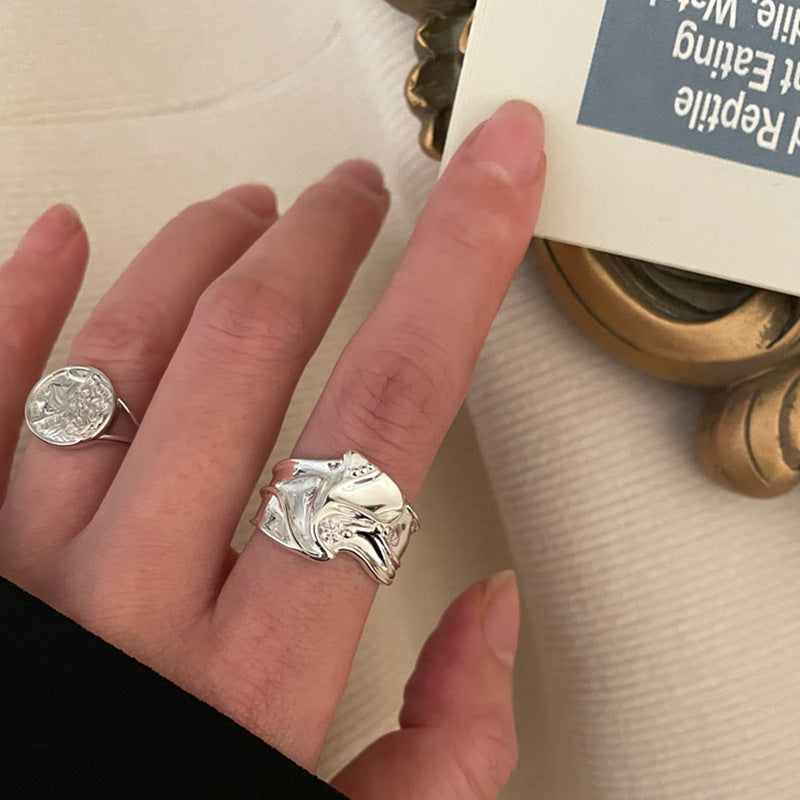 Womens Sterling Silver Ring Irregular Vintage Style Adjustable Opening Fashionable Design Electroplated Jewelry Gems