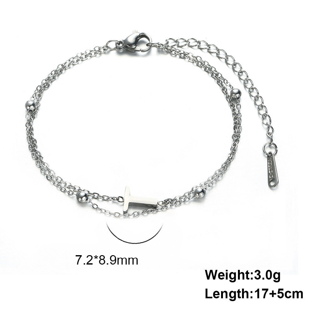 Womens Stainless Steel Double Layer Chain Bracelet With Initial Pendant Electroplated Finish Jewelry Gift Gold