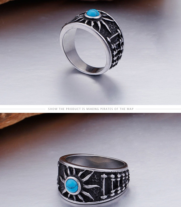 Vintage Gothic Ring With Turquoise Stone Titanium Steel Casting Ring For Men And Women Sun Ring Statement Ring Fashion
