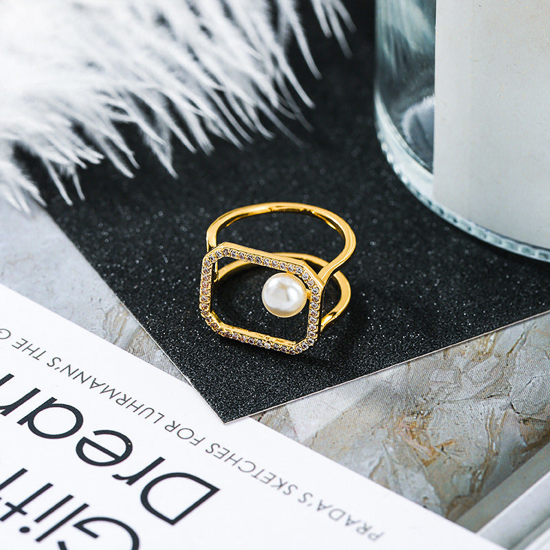 Gold Plated Ring With Zircon And Pearl Hollow Square Geometric Design Jewelry Accessory For Women Korean Style Fashion