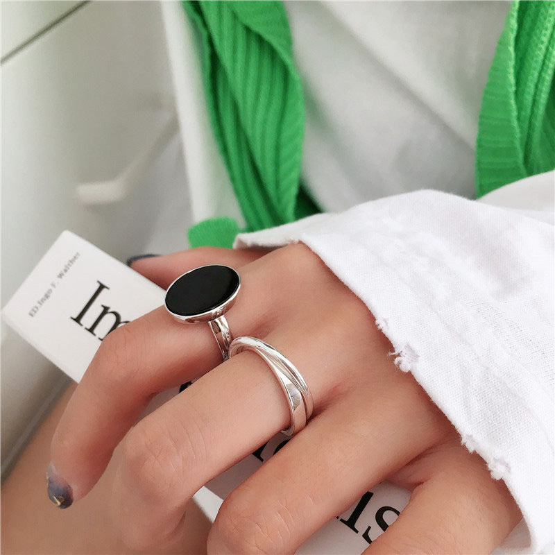 Womens Sterling Silver Ring Black Round Medal Cross Korean Geometric Design 925 Silver Adjustable Open Fashion