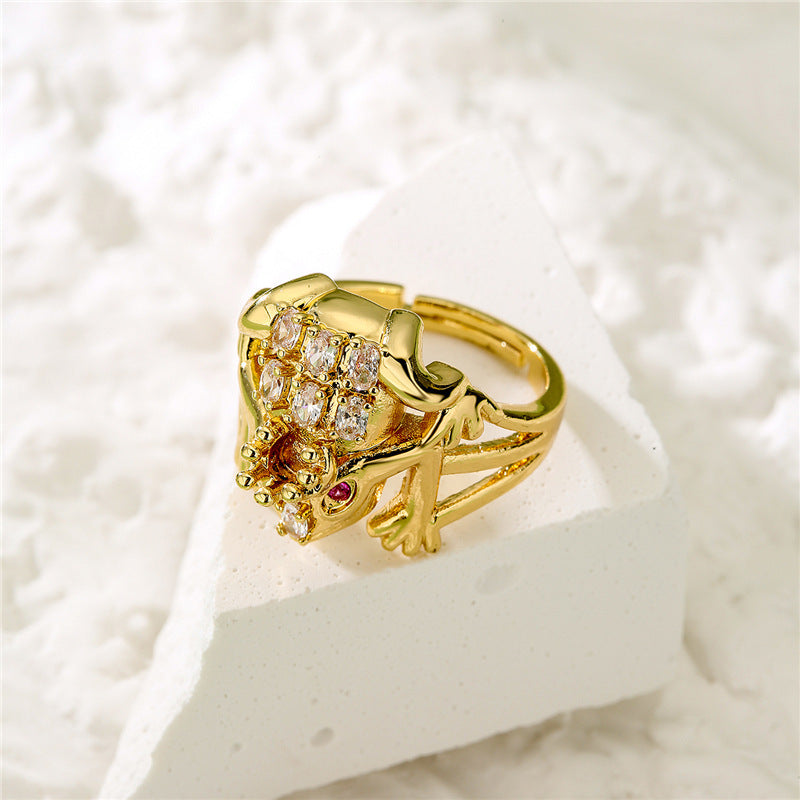 Zircon Micropaved Copper Frog Ring Geometric Adjustable Opening Womens Fashion Jewelry Gift with Copper Finish
