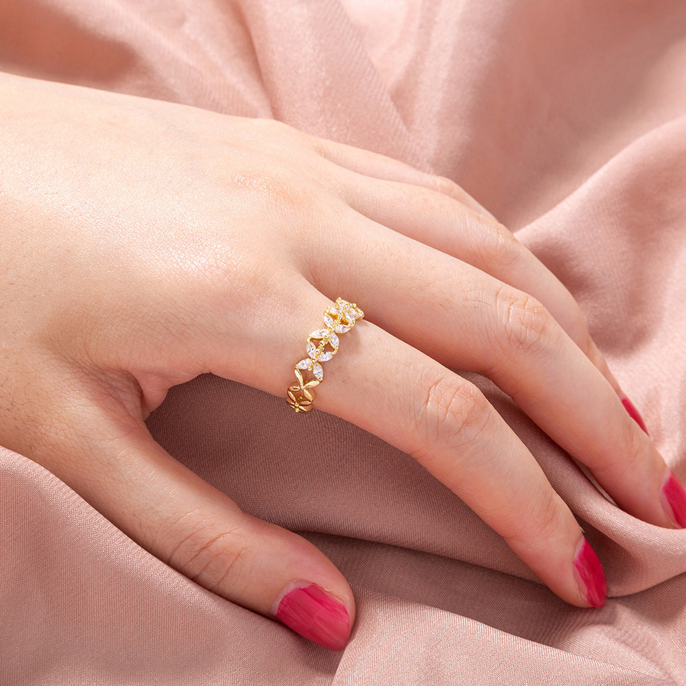 Adjustable Copper Ring With Butterfly Flower Zircon Inlay Geometric Style Ring For Women Elegant Everyday Wear