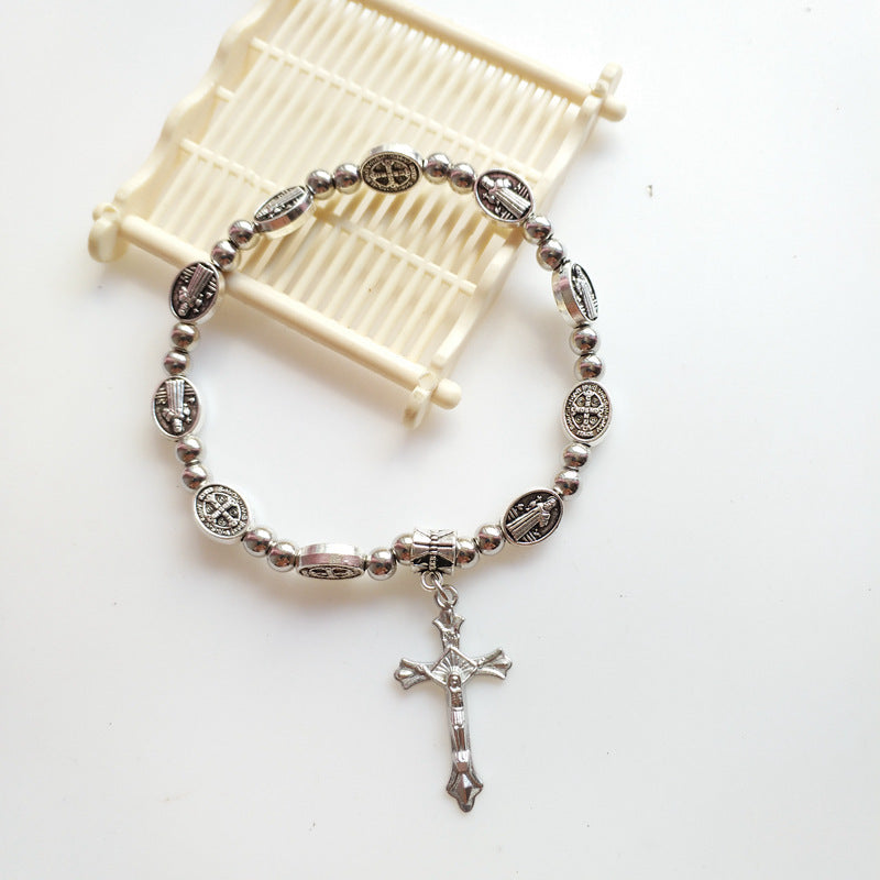 Beaded Cross Bracelet Stretchable Alloy Beads Religious Jewelry for Men and Women Christian Style Classic Look