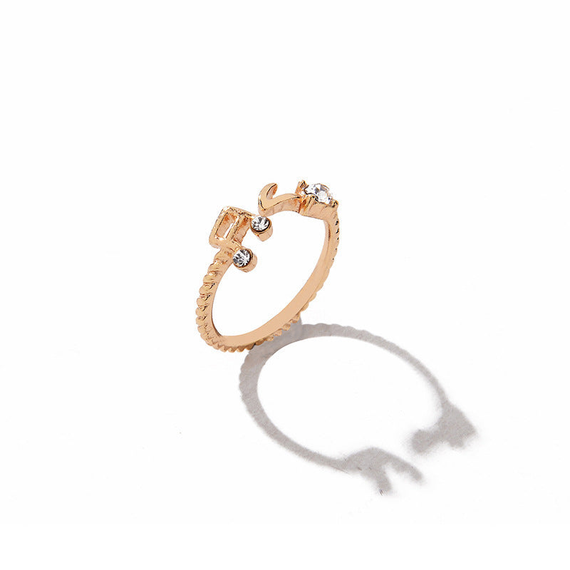 Unisex Adjustable Alloy Ring With Rhinestones Korean Letter Number Text Design Electroplating Gem Artificial Gem Inlay