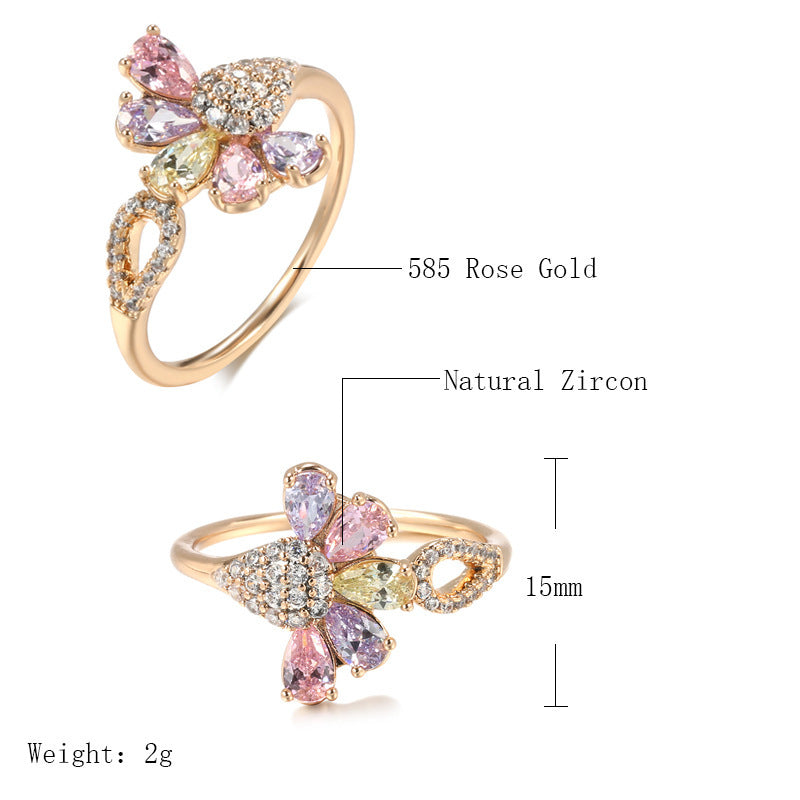 Rose Gold Ring for Women with Zircon Stone Small Petal Design Anniversary Engagement Wedding Jewelry Elegant Female Ring Cross Border Fashion