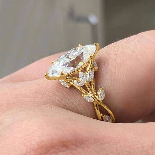 Zircon Ring Female Court Leaf Vine Design Inlaid Zircon Copper Band Leaves White Blue Red Green Purple Size Six