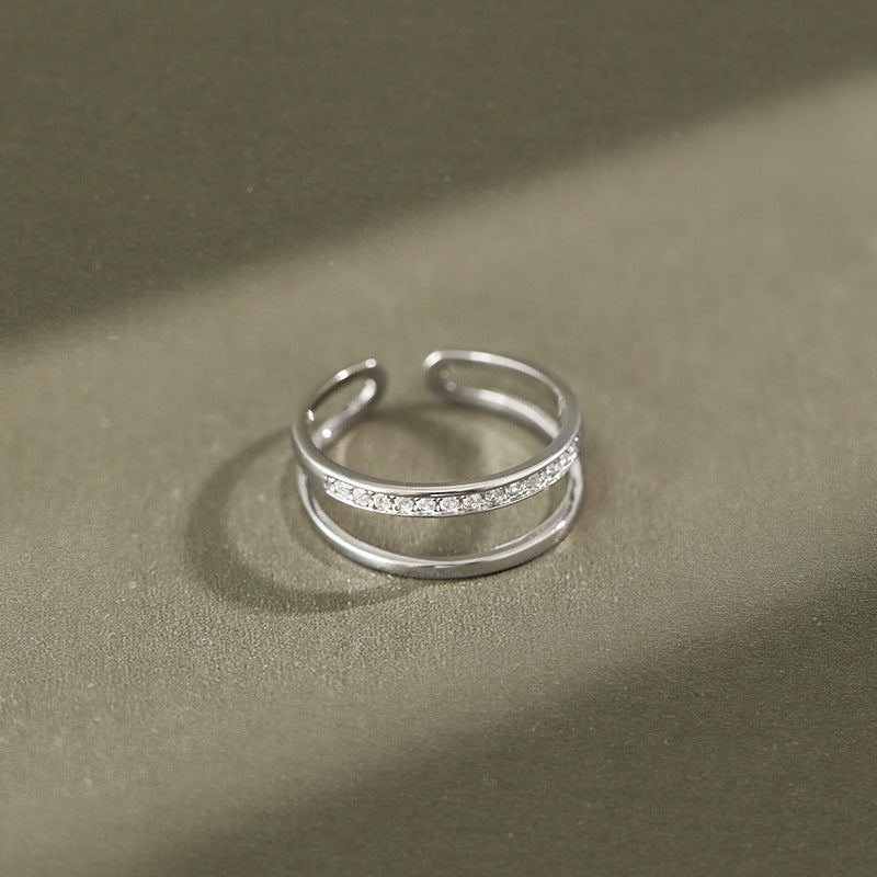 925 Silver Ring For Women Double Line Joint Zircon Inlay Geometric Design Korean Style Micro Inlay Jewelry Gift For Her