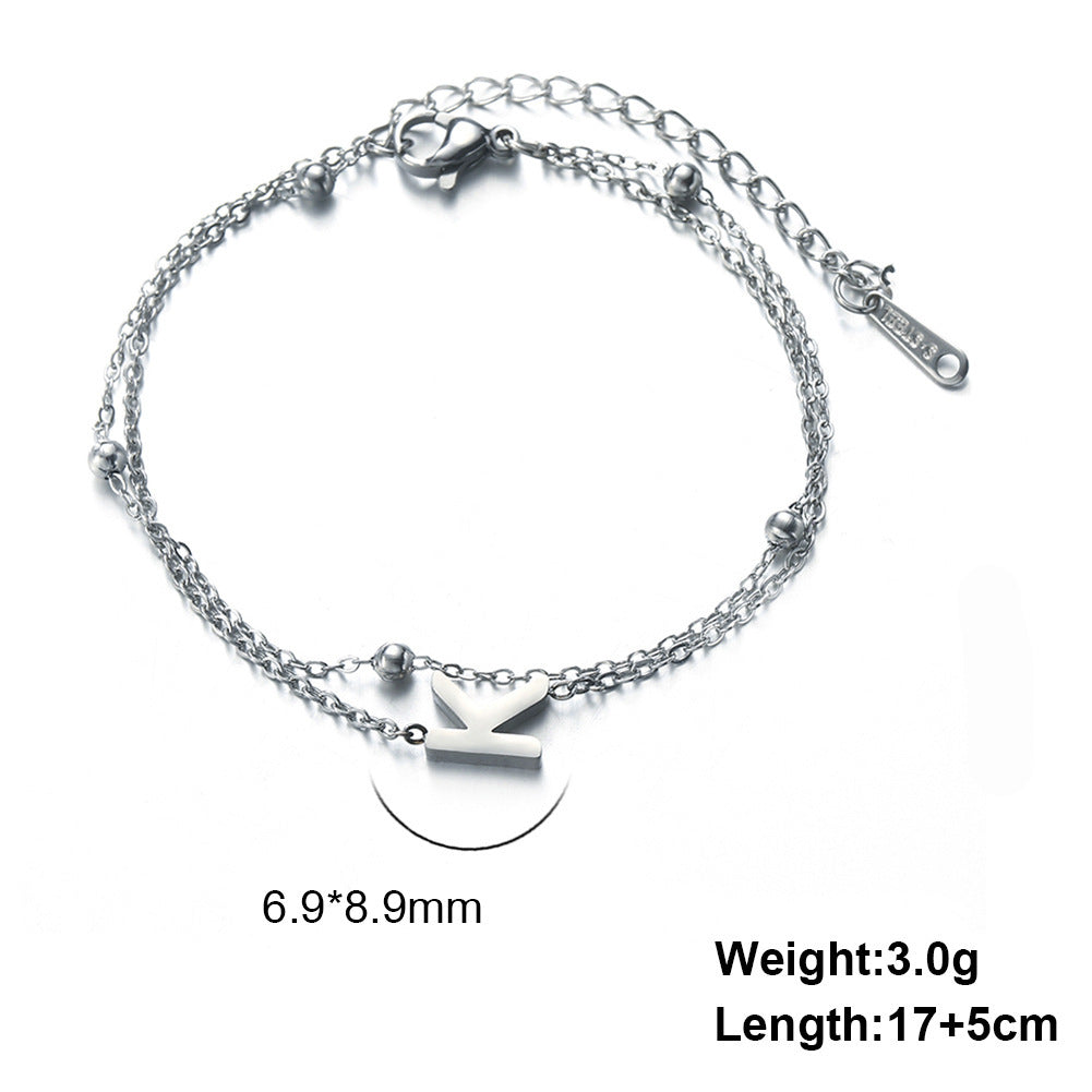 Womens Stainless Steel Double Layer Chain Bracelet With Initial Pendant Electroplated Finish Jewelry Gift Gold