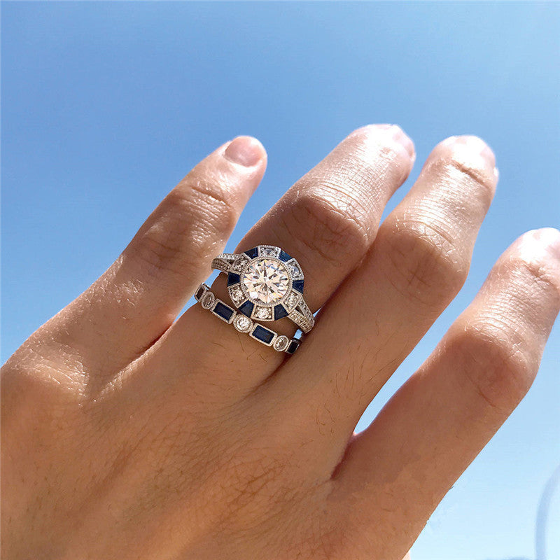 Blue Topaz Diamond Accent Ring Copper Gold Plated Geometric Lovers Promise Gift for Couples Elegant Dainty Keepsake